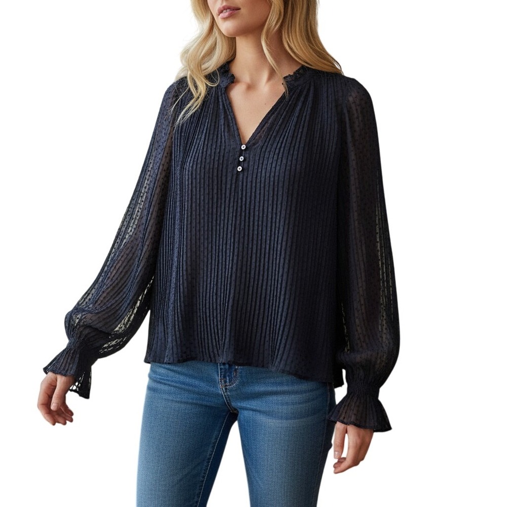 Gap Blouse Large Tall Navy Blue Pleated Swiss Dot‎ Balloon Sleeve Romantic Top
